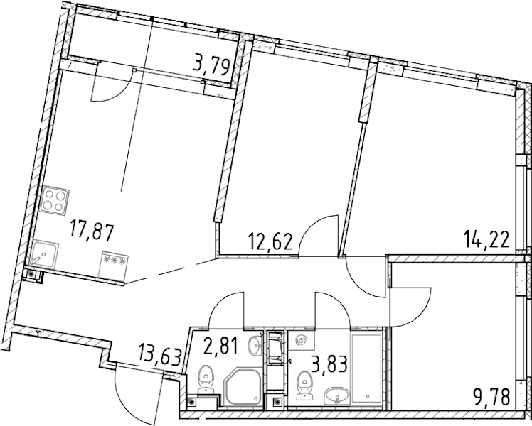 3-комнатная квартира 74.76 м², 17/17 эт., ЖК «Город Первых»